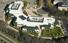 An aerial view of an office building.