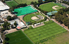 An aerial view of a soccer field.